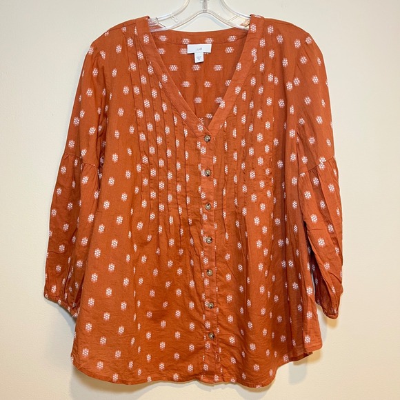 J. Jill Tops - J. Jill Shirt Blouse Top Orange White Embroidered Pintuck V Neck Button Up Med